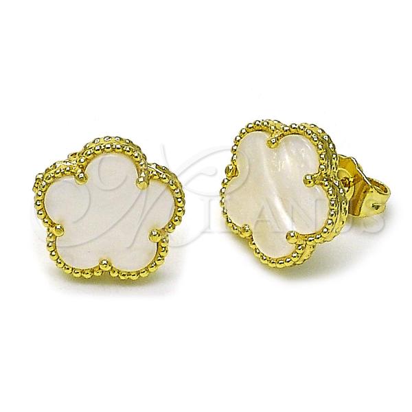 Oro Laminado Stud Earring, Gold Filled Style Flower Design, with Ivory Mother of Pearl, Polished, Golden Finish, 02.313.0004