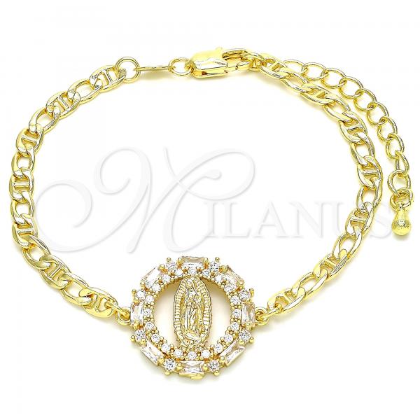 Oro Laminado Fancy Bracelet, Gold Filled Style Guadalupe Design, with White Cubic Zirconia and White Micro Pave, Polished, Golden Finish, 03.210.0146.07