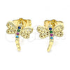 Oro Laminado Stud Earring, Gold Filled Style Dragon-Fly Design, with Multicolor Micro Pave, Polished, Golden Finish, 02.210.0465.1