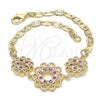 Oro Laminado Fancy Bracelet, Gold Filled Style Flower Design, with Ruby and White Cubic Zirconia, Polished, Golden Finish, 03.233.0045.08