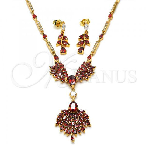 Oro Laminado Necklace and Earring, Gold Filled Style Teardrop Design, with Garnet and White Cubic Zirconia, Polished, Golden Finish, 06.221.0009.1