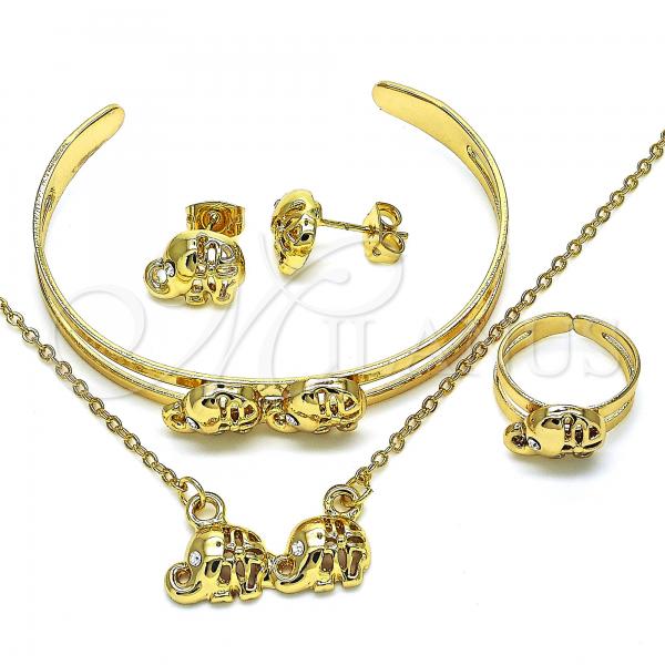 Oro Laminado Earring and Pendant Children Set, Gold Filled Style Elephant Design, with White Crystal, Polished, Golden Finish, 06.361.0008
