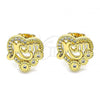 Oro Laminado Stud Earring, Gold Filled Style Mom and Heart Design, with White Micro Pave, Polished, Golden Finish, 02.342.0134