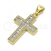 Oro Laminado Religious Pendant, Gold Filled Style Cross Design, with White Micro Pave and White Cubic Zirconia, Polished, Golden Finish, 05.342.0075