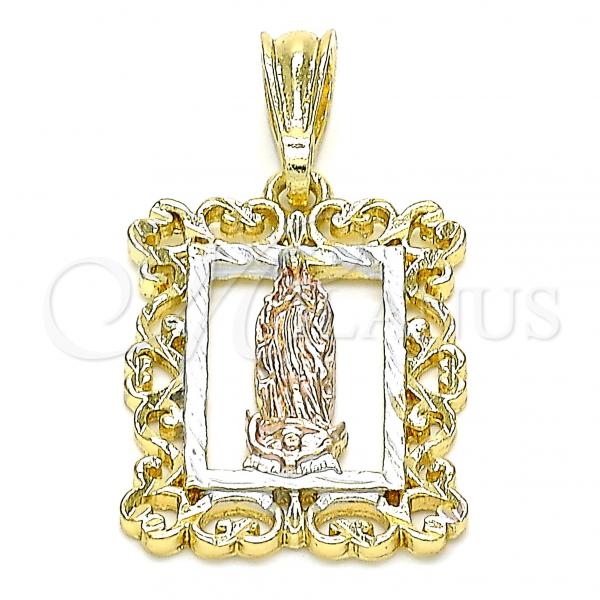 Oro Laminado Religious Pendant, Gold Filled Style Guadalupe Design, Polished, Tricolor, 05.351.0204