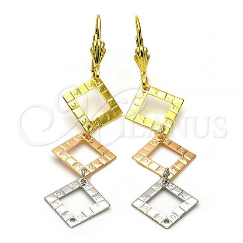 Oro Laminado Long Earring, Gold Filled Style Diamond Cutting Finish, Tricolor, 02.63.2190