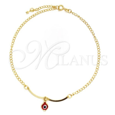 Oro Laminado Charm Anklet , Gold Filled Style Evil Eye and Curb Design, Polished, Golden Finish, 03.02.0069.10