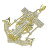 Oro Laminado Religious Pendant, Gold Filled Style San Benito Design, with White Cubic Zirconia, Polished, Golden Finish, 05.253.0141