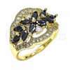 Oro Laminado Multi Stone Ring, Gold Filled Style Flower Design, with Black and White Cubic Zirconia, Polished, Golden Finish, 01.283.0007.08 (Size 8)