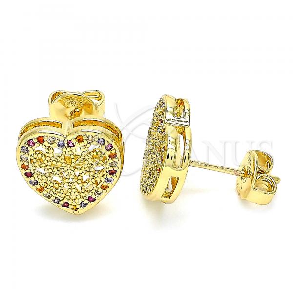 Oro Laminado Stud Earring, Gold Filled Style Heart Design, with Multicolor Micro Pave, Polished, Golden Finish, 02.156.0468.3