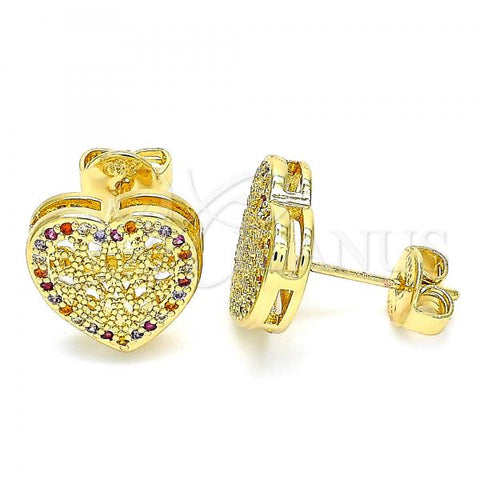 Oro Laminado Stud Earring, Gold Filled Style Heart Design, with Multicolor Micro Pave, Polished, Golden Finish, 02.156.0468.3