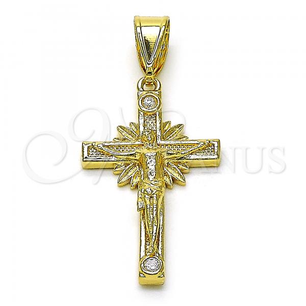 Oro Laminado Religious Pendant, Gold Filled Style Crucifix Design, with White Cubic Zirconia, Polished, Golden Finish, 05.253.0188