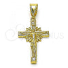 Oro Laminado Religious Pendant, Gold Filled Style Crucifix Design, with White Cubic Zirconia, Polished, Golden Finish, 05.253.0188
