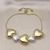 Oro Laminado Adjustable Bolo Bracelet, Gold Filled Style Heart and Hollow Design, with Ivory Pearl, Polished, Golden Finish, 03.341.2285.11