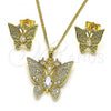 Oro Laminado Earring and Pendant Adult Set, Gold Filled Style Butterfly Design, with White Cubic Zirconia, Polished, Golden Finish, 10.284.0027.1