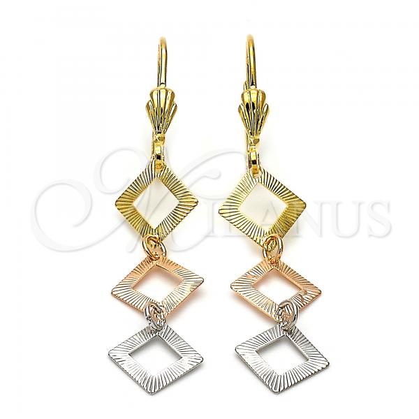Oro Laminado Long Earring, Gold Filled Style Diamond Cutting Finish, Tricolor, 02.63.2171