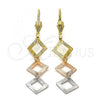 Oro Laminado Long Earring, Gold Filled Style Diamond Cutting Finish, Tricolor, 02.63.2171