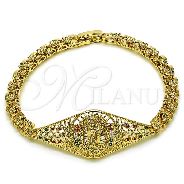 Oro Laminado Fancy Bracelet, Gold Filled Style Guadalupe and Flower Design, with Multicolor Cubic Zirconia, Polished, Golden Finish, 03.283.0411.07