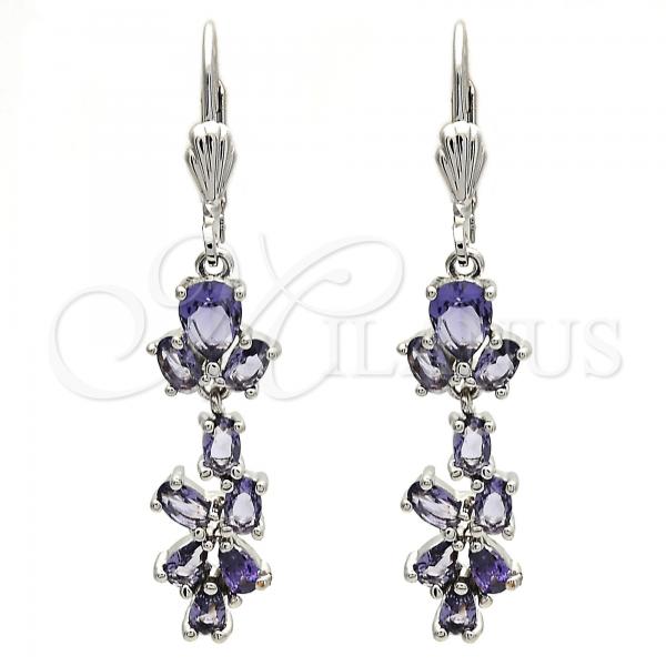 Rhodium Plated Long Earring, Teardrop Design, with Amethyst Cubic Zirconia, Polished, Rhodium Finish, 02.205.0053.8
