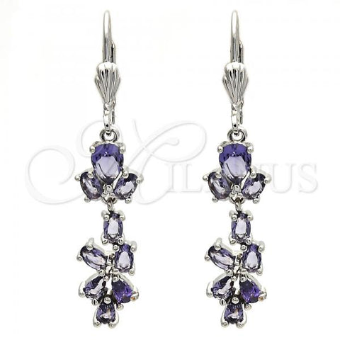 Rhodium Plated Long Earring, Teardrop Design, with Amethyst Cubic Zirconia, Polished, Rhodium Finish, 02.205.0053.8