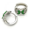 Rhodium Plated Huggie Hoop, Flower Design, with Green and White Cubic Zirconia, Polished, Rhodium Finish, 02.210.0087.9.15