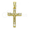 Oro Laminado Religious Pendant, Gold Filled Style Crucifix and Cross Design, with White Cubic Zirconia, Polished, Golden Finish, 05.253.0184