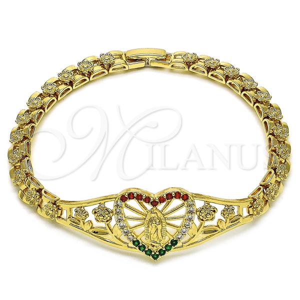 Oro Laminado Fancy Bracelet, Gold Filled Style Guadalupe and Heart Design, with White Cubic Zirconia, Polished, Golden Finish, 03.283.0410.1.07