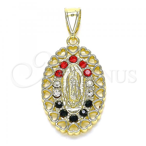 Oro Laminado Religious Pendant, Gold Filled Style Guadalupe and Heart Design, with Multicolor Crystal, Polished, Golden Finish, 05.253.0018.1