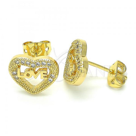 Oro Laminado Stud Earring, Gold Filled Style Heart and Love Design, with White Micro Pave, Polished, Golden Finish, 02.156.0389