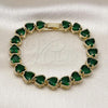 Oro Laminado Tennis Bracelet, Gold Filled Style Heart Design, with Green Cubic Zirconia, Polished, Golden Finish, 03.424.0003.1.07