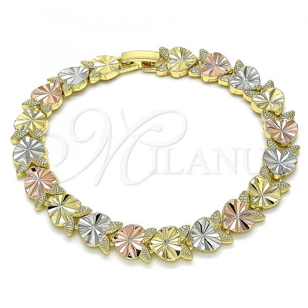 Oro Laminado Fancy Bracelet, Gold Filled Style Heart Design, Diamond Cutting Finish, Tricolor, 03.380.0065.08