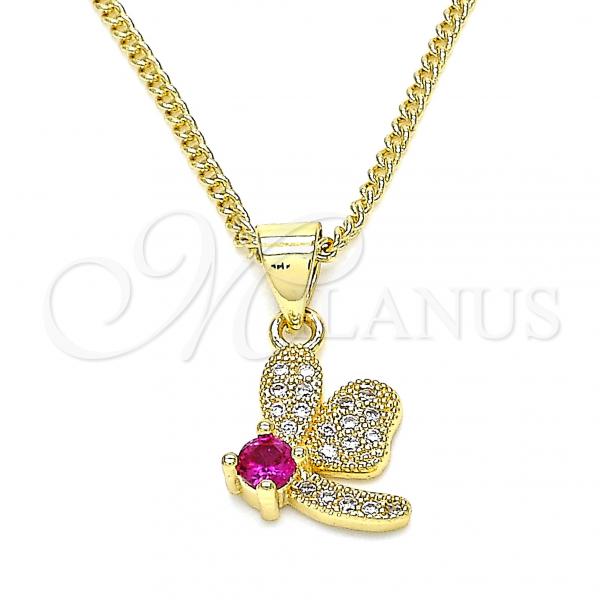 Oro Laminado Pendant Necklace, Gold Filled Style Dragon-Fly Design, with Ruby Cubic Zirconia and White Micro Pave, Polished, Golden Finish, 04.199.0035.2.20