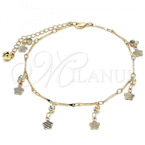 Oro Laminado Charm Anklet , Gold Filled Style Flower and Rattle Charm Design, with White Crystal, Polished, Golden Finish, 03.213.0110.10