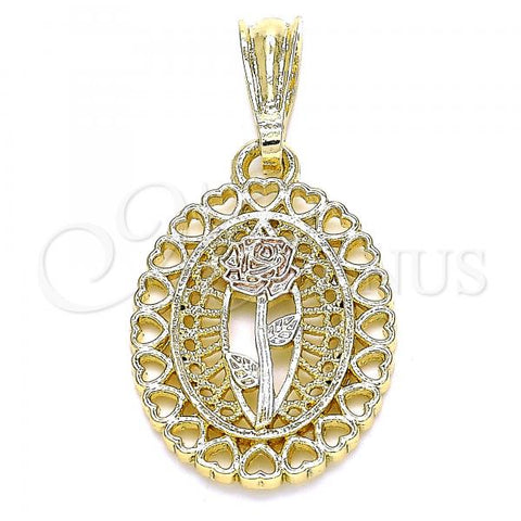 Oro Laminado Fancy Pendant, Gold Filled Style Flower and Heart Design, Polished, Tricolor, 05.351.0131