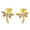 Oro Laminado Stud Earring, Gold Filled Style Dragon-Fly Design, with Ruby Micro Pave, Polished, Golden Finish, 02.156.0396.3