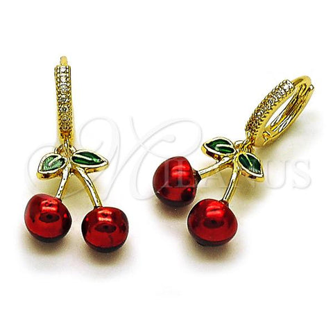 Oro Laminado Dangle Earring, Gold Filled Style Cherry Design, with White Micro Pave, Red Enamel Finish, Golden Finish, 02.417.0003