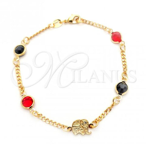 Oro Laminado Fancy Bracelet, Gold Filled Style Elephant and Miami Cuban Design, with Black and Garnet Crystal, Multicolor Polished, Golden Finish, 03.32.0173.07