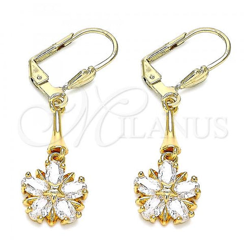 Oro Laminado Long Earring, Gold Filled Style Flower and Star Design, with White Cubic Zirconia, Polished, Golden Finish, 02.387.0051.1