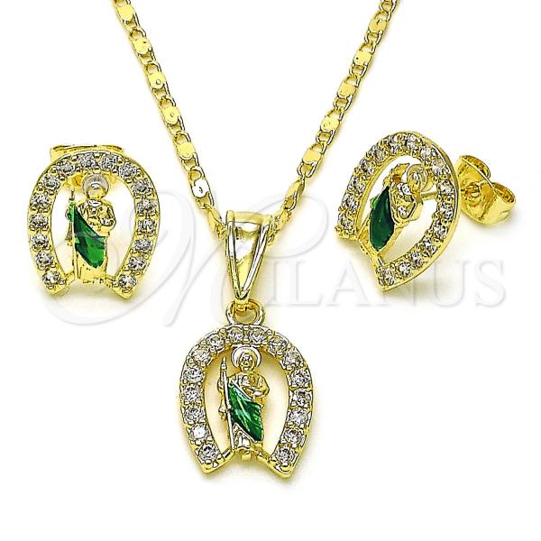 Oro Laminado Earring and Pendant Adult Set, Gold Filled Style San Judas Design, with White Cubic Zirconia, Polished, Tricolor, 10.411.0002