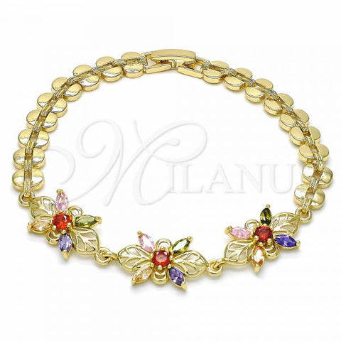 Oro Laminado Fancy Bracelet, Gold Filled Style Flower Design, with Multicolor Cubic Zirconia, Polished, Golden Finish, 03.357.0009.2.07