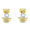 Oro Laminado Stud Earring, Gold Filled Style Ankh and Crown Design, with White Micro Pave, Polished, Golden Finish, 02.377.0017