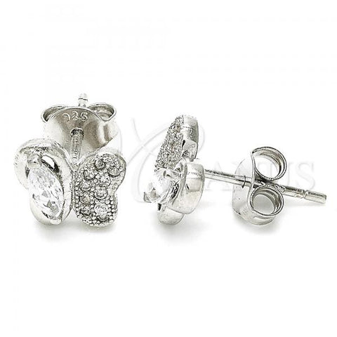 Sterling Silver Stud Earring, Butterfly Design, with White Cubic Zirconia, Polished, Rhodium Finish, 02.369.0007