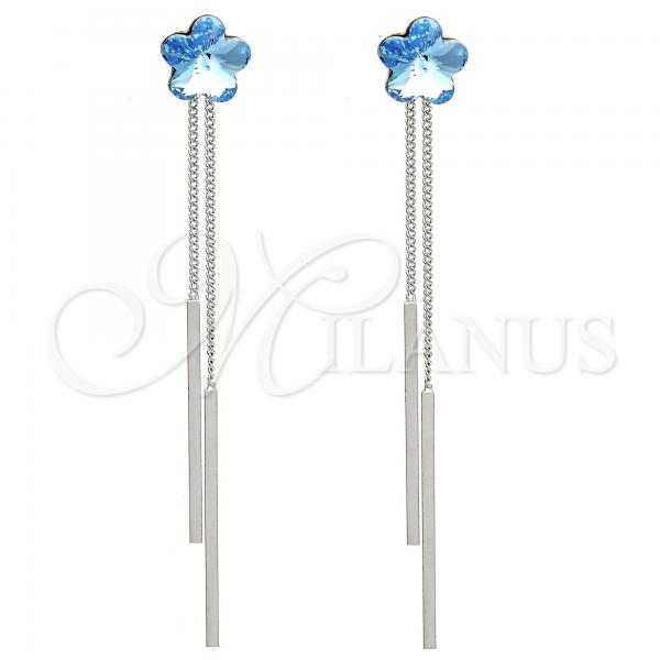 Rhodium Plated Long Earring, Flower Design, with Aquamarine Swarovski Crystals, Polished, Rhodium Finish, 02.239.0022.3