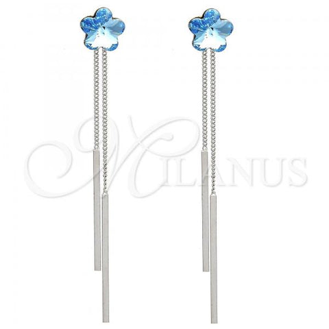 Rhodium Plated Long Earring, Flower Design, with Aquamarine Swarovski Crystals, Polished, Rhodium Finish, 02.239.0022.3