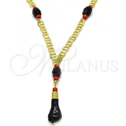 Oro Laminado Fancy Necklace, Gold Filled Style Figa Hand and Mariner Design, with Black and Orange Red Crystal, Polished, Golden Finish, 03.63.1812.18
