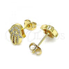 Oro Laminado Stud Earring, Gold Filled Style Hand of God Design, with White Micro Pave, Polished, Golden Finish, 02.342.0163