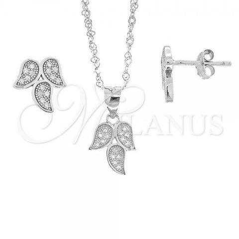 Sterling Silver Earring and Pendant Adult Set, Leaf Design, with White Micro Pave, Rhodium Finish, 10.174.0036