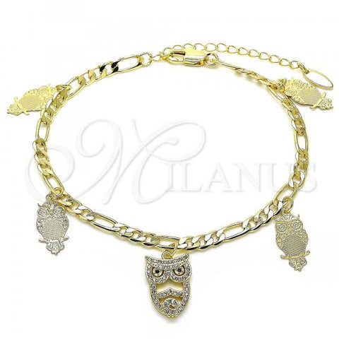 Oro Laminado Charm Anklet , Gold Filled Style Owl Design, with White and Sapphire Blue Micro Pave, Polished, Golden Finish, 03.383.0009.10