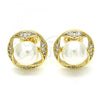 Oro Laminado Stud Earring, Gold Filled Style Ball Design, with White Cubic Zirconia and Ivory Pearl, Polished, Golden Finish, 02.156.0348