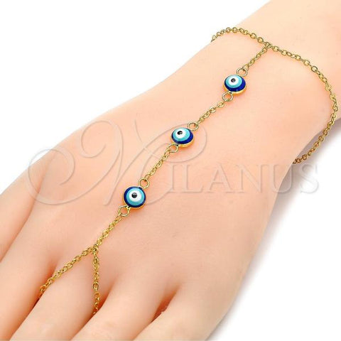 Oro Laminado Fancy Bracelet, Gold Filled Style Evil Eye and Rolo Design, Blue Enamel Finish, Golden Finish, 03.60.0144.08